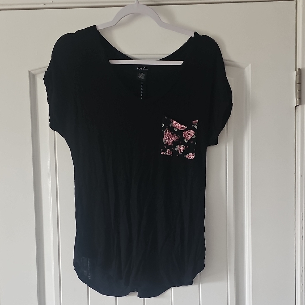 Rue 21 Black Blouse With Floral Pocket
